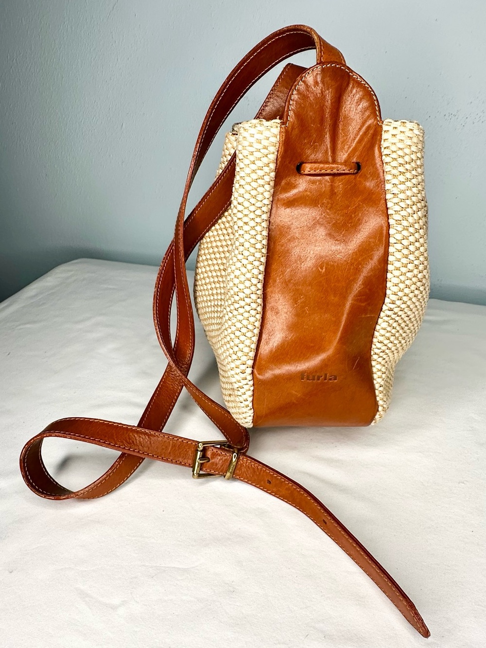 Furla Tan Leather & Cream Woven Straw/Raffia Crossbody Bucket Bag